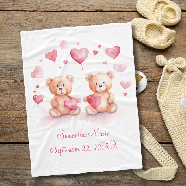 Cobertor De Velo Ursos de Teddy Personalizados Corações Vermelhos R (Personalized Teddy Bears Red Hearts Baby Blanket for baby girl. New baby gift Baby shower gift)