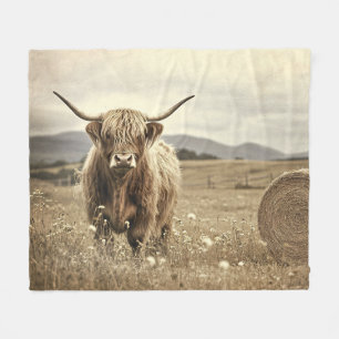 Cobertor De Velo Vaca Highland em uma Vintage Hay Field