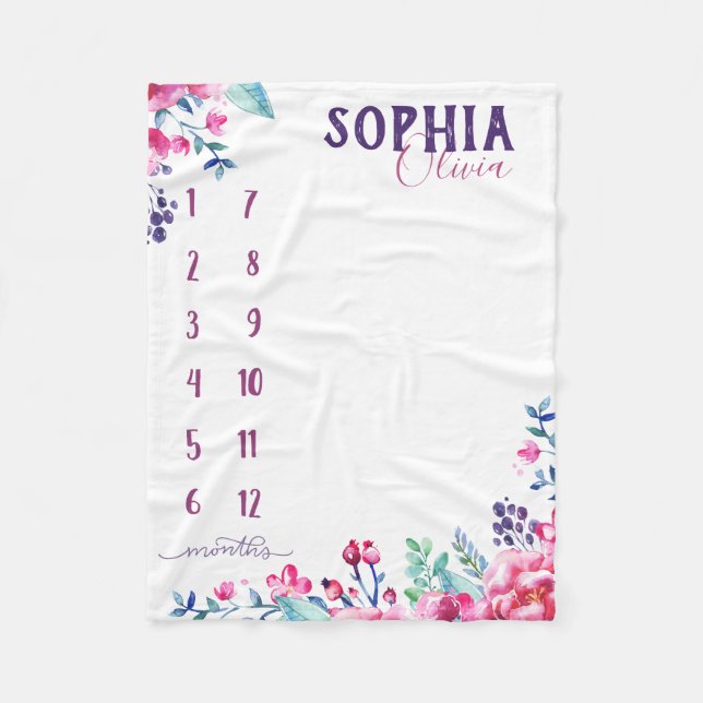 Cobertor De Velo Vejam-me crescer - flores de aquarela roxas (Frente)