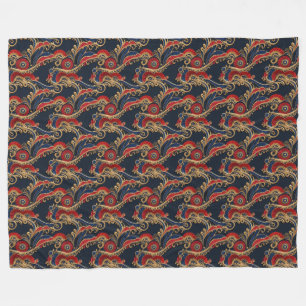 Cobertor De Velo Vermelho Rico, Marinho, Dourada Floral Scroal Flee