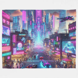 Cobertor De Velo Vibrant Neon Cyberpunk Cityscape Fantasy |
