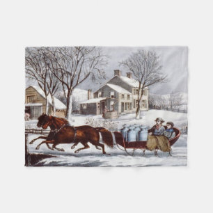 Cobertor De Velo Vintage Currier & Ives Winter Sleigh Christmas