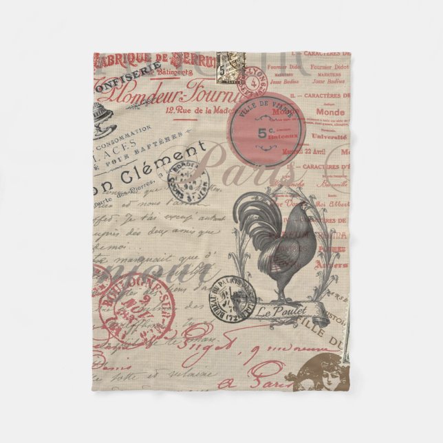 Cobertor De Velo Vintage French Escrevendo Tipografia Paris Rooster (Frente)