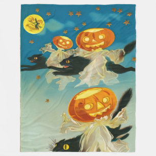 Cobertor De Velo Vintage Halloween Pumpkin Fantasmas e Gatos Negros