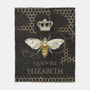 Cobertor De Velo Vintage Queen Bee Royal Crown Honeycomb Black