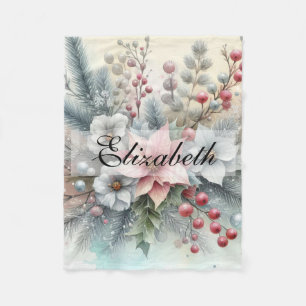 Cobertor De Velo Vintage Watercolor Christmas Floral and Ornaments