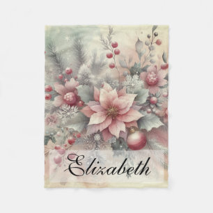 Cobertor De Velo Vintage Watercolor Christmas Floral and Ornaments