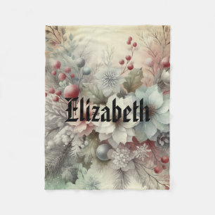 Cobertor De Velo Vintage Watercolor Christmas Floral and Ornaments