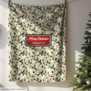 Cobertor De Velo Vintage Watercolor Christmas Holly Berries Blanket