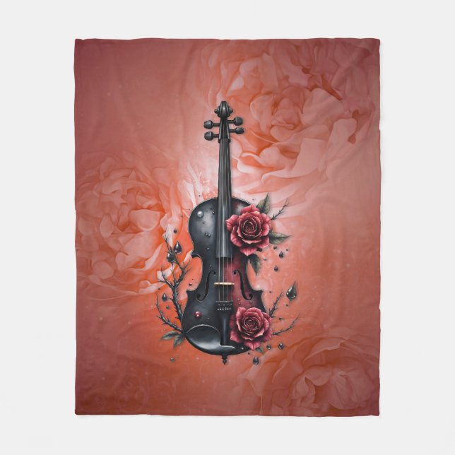 Cobertor De Velo Violino preto gótico com rosas vermelhas (Frente)