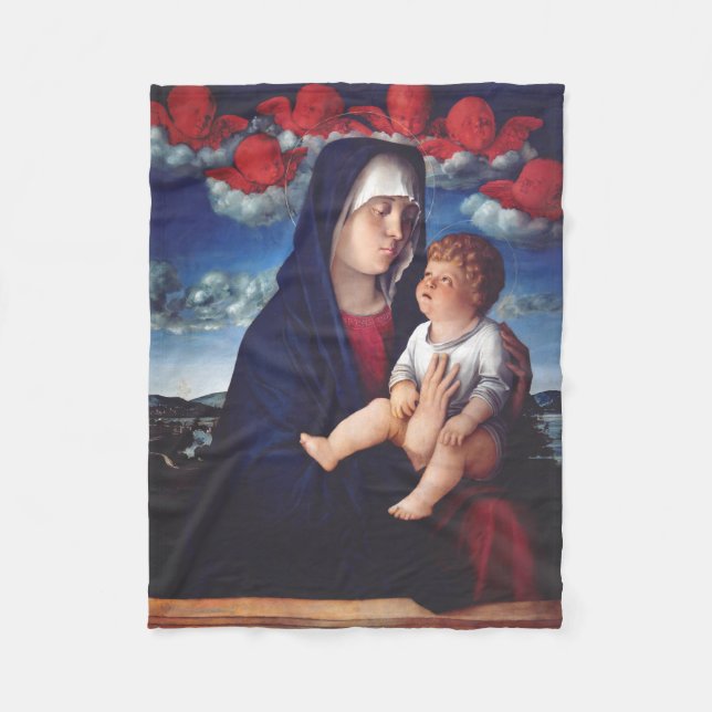 Cobertor De Velo Virgem Maria com Jesus bebê e cereias vermelhas (Frente)