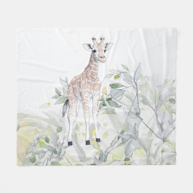 Cobertor De Velo Watercolor Baby Giraffe com folhagem (Frente (Horizontal))
