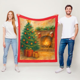 Cobertor De Velo Watercolor Christmas Tree & Cozy Fireplace Holiday