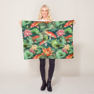Cobertor De Velo Watercolor Koi & Water Lily Fleece Blanket