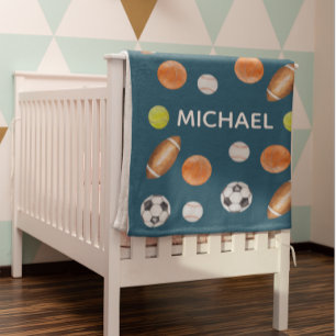 Cobertor De Velo Watercolor Sports Ball Name Monogram All Star