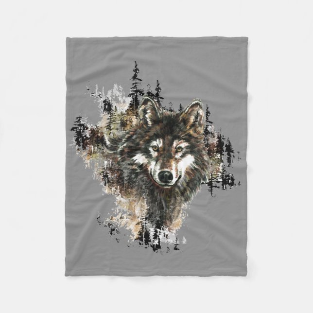 Cobertor De Velo Watercolor Wolf Mountain Animal Art (Frente)