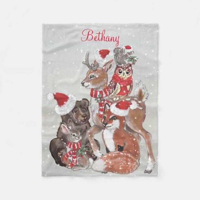 Cobertor De Velo Watercolor Woodland Animal Christmas Custom (Frente)