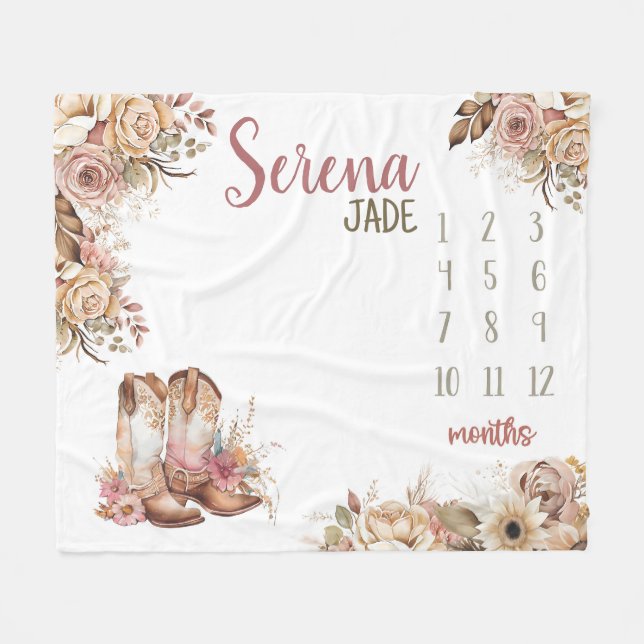 Cobertor De Velo WESTERN BOHO Baby Girl Milestone Blanket, Floral (Frente (Horizontal))