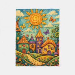 Cobertor De Velo Whimsical Fairy Tale Village Colorful Canvas Art
