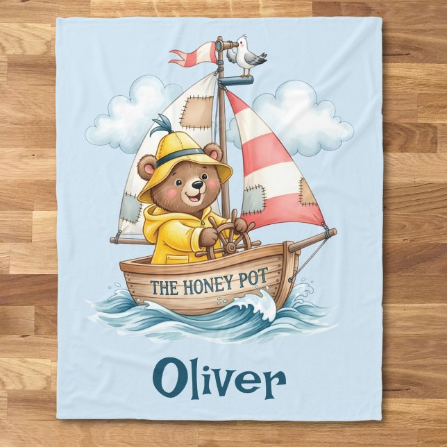 Cobertor De Velo Whimsical Sailor Bear on Sailboat (Criador carregado)