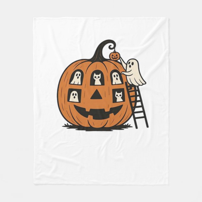 Cobertor De Velo Whimsical Spookkin Pumpkin com Fantasmas, Gatos e  (Frente)