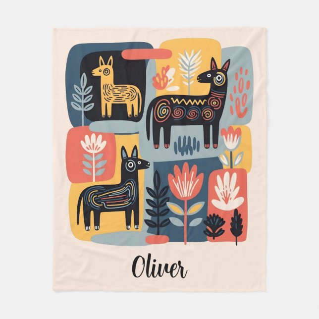 Cobertor De Velo Whimsical Tribal Animals Floral Folk Art (Frente)