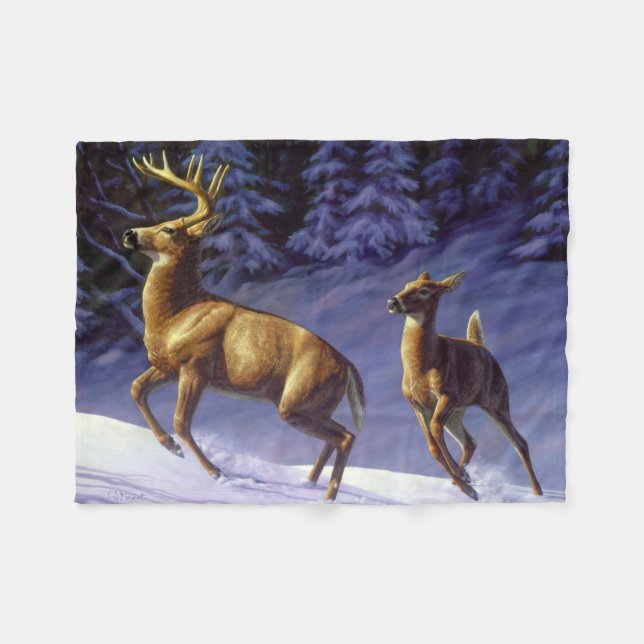Cobertor De Velo Whitetail Deer Buck & Doe na Neve de inverno (Frente (Horizontal))