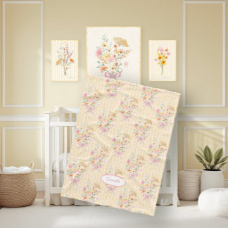 Cobertor De Velo Wildflower Bouquet Floral Ribbon Striped Name Girl