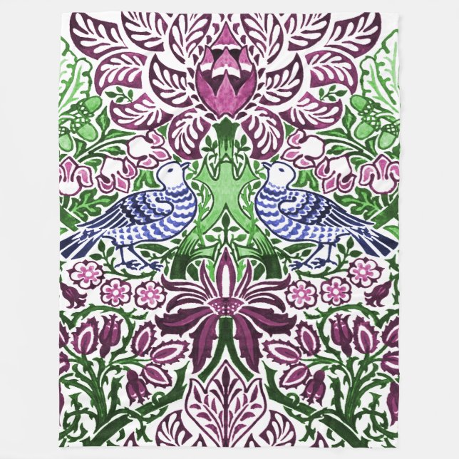 Cobertor De Velo William Morris Folk Art Birds Flores Bolotas (Frente)