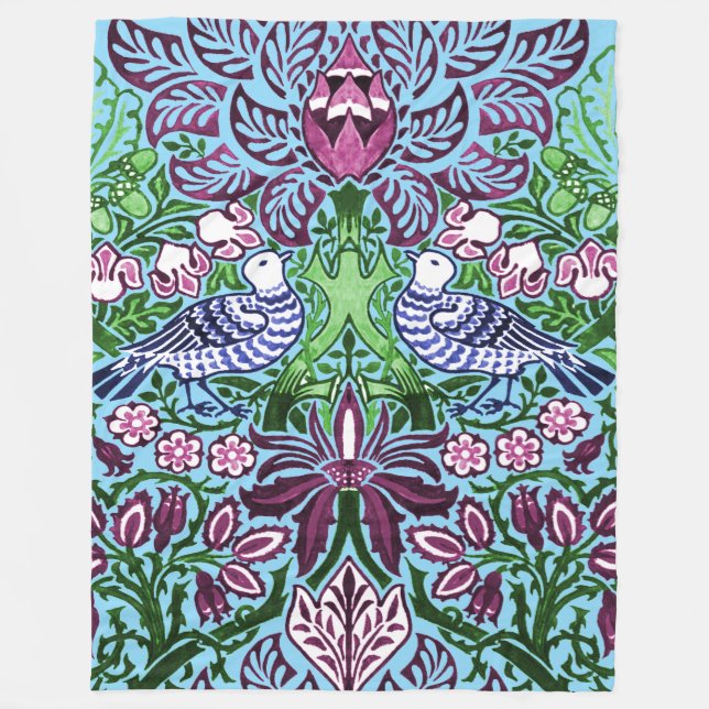 Cobertor De Velo William Morris Folk Art Birds Flores Bolotas (Frente)