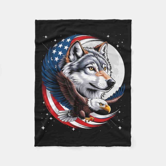 Cobertor De Velo Wolf Bald Eagle American Flag Full Moon Anos novos (Frente)