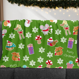 Cobertor De Velo Woodland Animal Pattern Green Merry Christmas