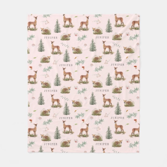 Cobertor De Velo Woodland Deer Fawn Floral Baby Name Pink (Frente)