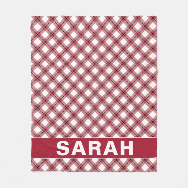Cobertor De Velo Xadrez Argyle Vermelho e Branco Nome Personalizado (Frente)