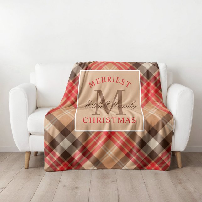 Cobertor De Velo Xadrez de Natal Rustic Tan Red Tartan Monograma (Criador carregado)