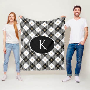 Cobertor De Velo Xadrez Dourada Preta Personalizada Monogramada