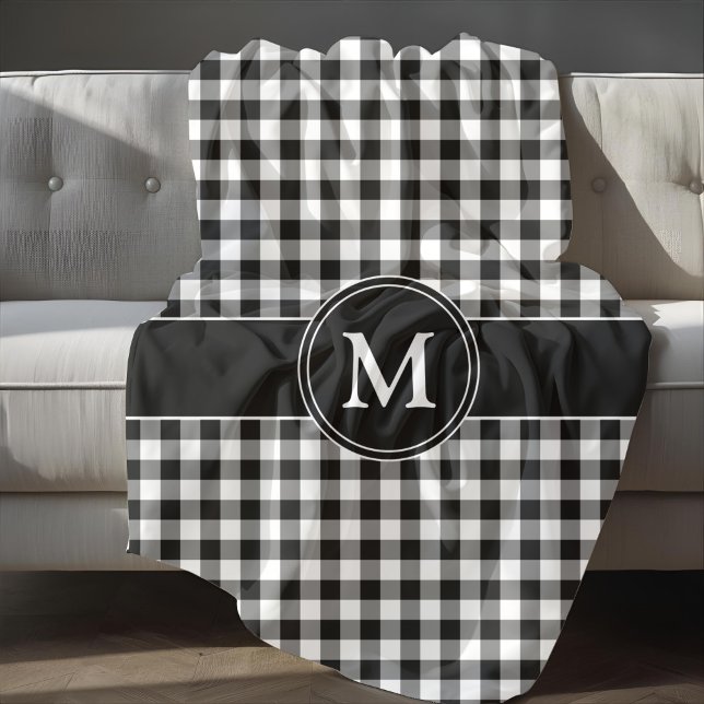 Cobertor De Velo Xadrez Preto e Branco Padrão Monograma Plaid Buffa (Black White Checked Buffalo Plaid Pattern Monogram Fleece Blanket)