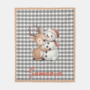 Cobertor De Velo Xadrez tartan boneco de neve rena cinza branco nom