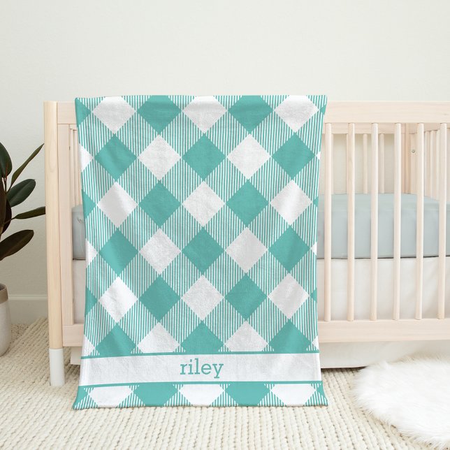 Cobertor De Velo Xadrez Teal e White Gingham Personalizada (Criador carregado)