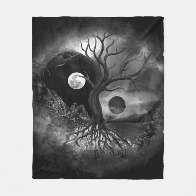 Cobertor De Velo Yin Yang Tree Landscape Black and White (Frente)