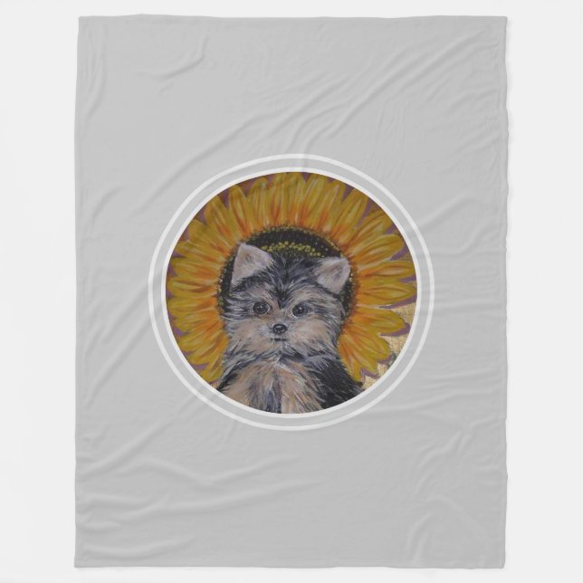Cobertor De Velo Yorkshire Puppy Dog & Sunflower em Cinzas leves (Frente)