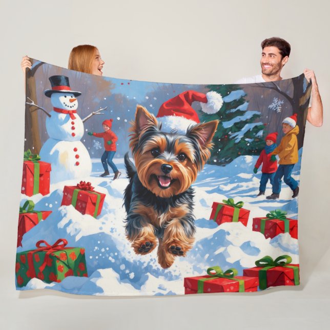 Cobertor De Velo Yorkshire Terrier na Neve com Chapéu de Natal (In Situ)