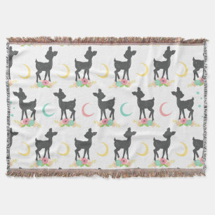 Cobertor Deer Pattern, Baby Deer, Boho, Flores, Lua
