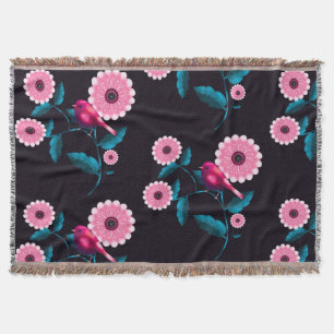 Cobertor Desenho Botânico Floral de Pássaro Rosa Caprichoso