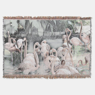 Cobertor Desenho de Flamingos Brancos e Rosa na Água