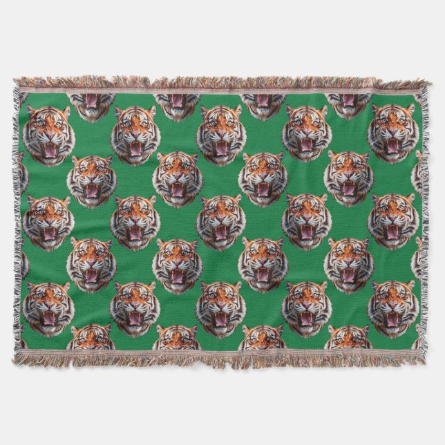 Cobertor Desenho de padrão de cabeça de tigre verde  (Frente)