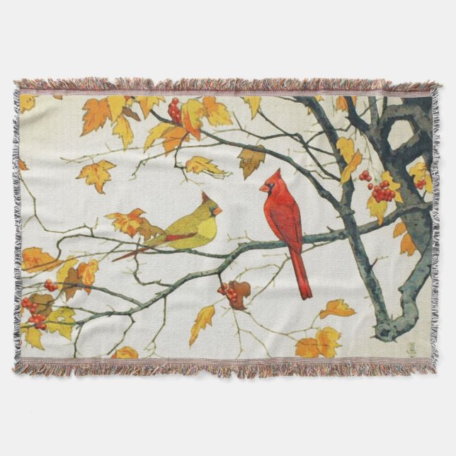 Cobertor Desenho japonês venenoso, cardeais em um galho (Frente)