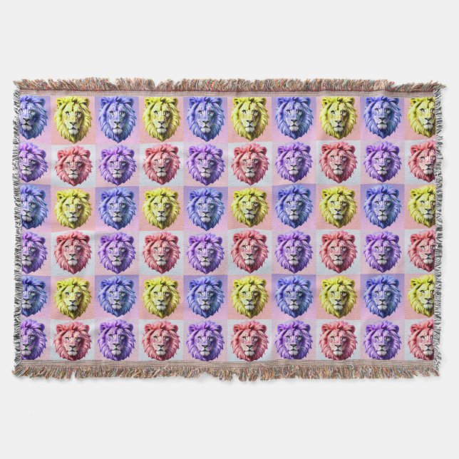 Cobertor Design de padrão xadrez cabeça de leão cor pastel  (Frente)