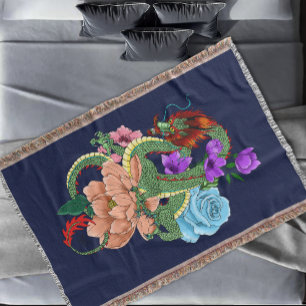 Cobertor Dragão Chinês Verde Místico Floral Azul Marinho