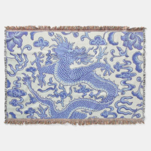 Cobertor Dragão oriental chinês azul e branco